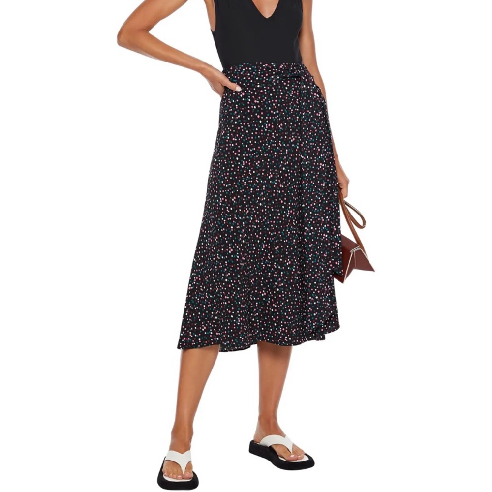 Diane Von Furstenberg Black Midi Skirt with Multicolor Dot Print